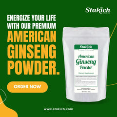 Stakich American Ginseng Root Powder packaging highlights wild-harvested roots and purity.