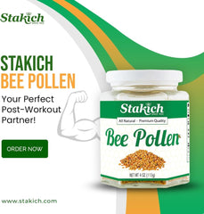 Stakich bee pollen kept cold storage label emphasizing freshness and preserved enzymes.