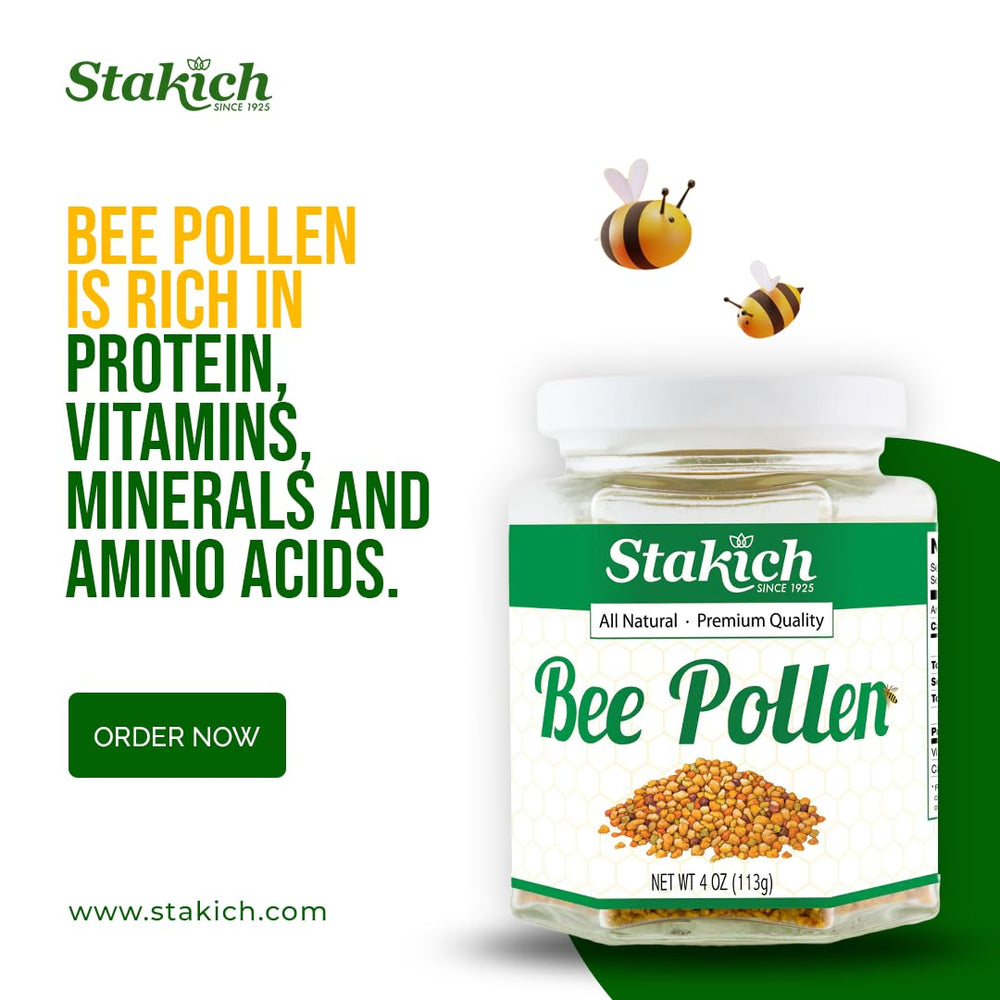 Stakich Bee Pollen granules in a glass jar ready to top daily meals