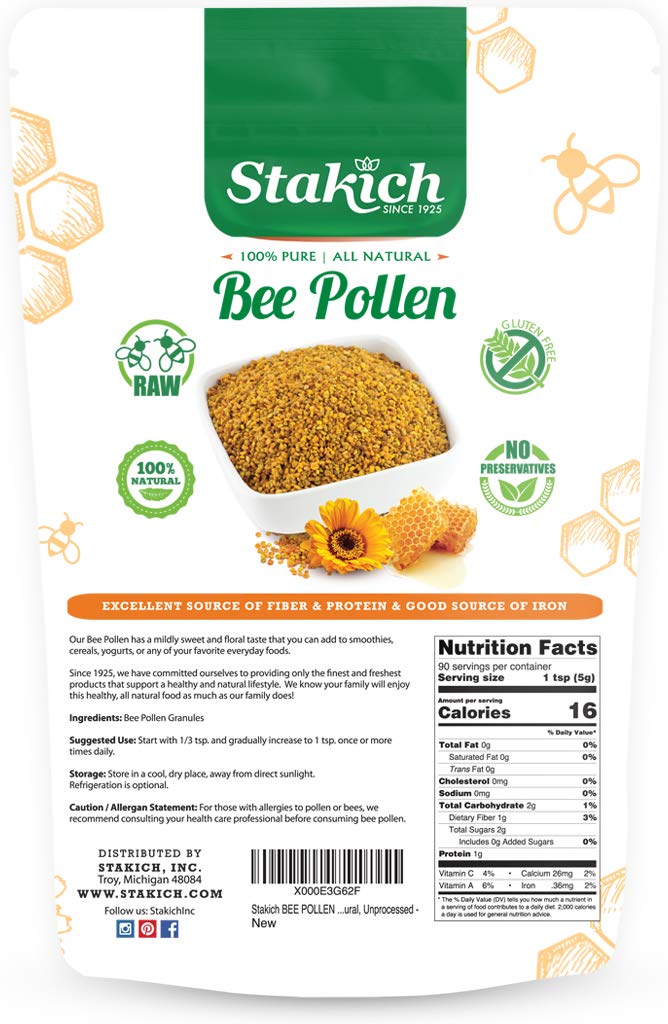 Stakich Bee Pollen granules on a spoon for an energy-friendly snack