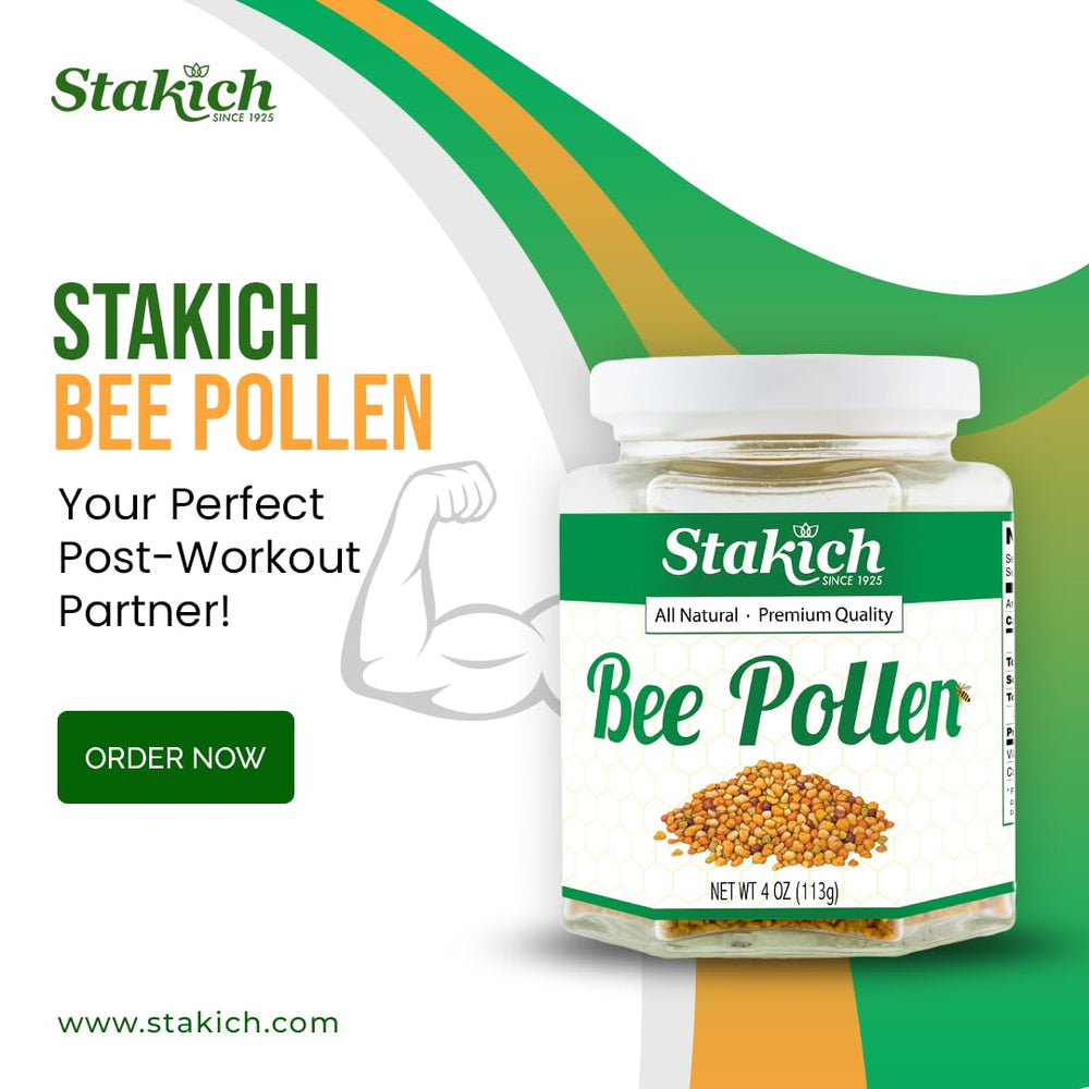 Stakich Bee Pollen granules sprinkled on yogurt for crunch and natural sweetness