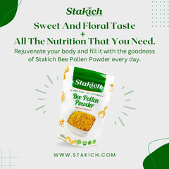 Stakich Bee Pollen Powder in a bowl ready to mix with breakfast.