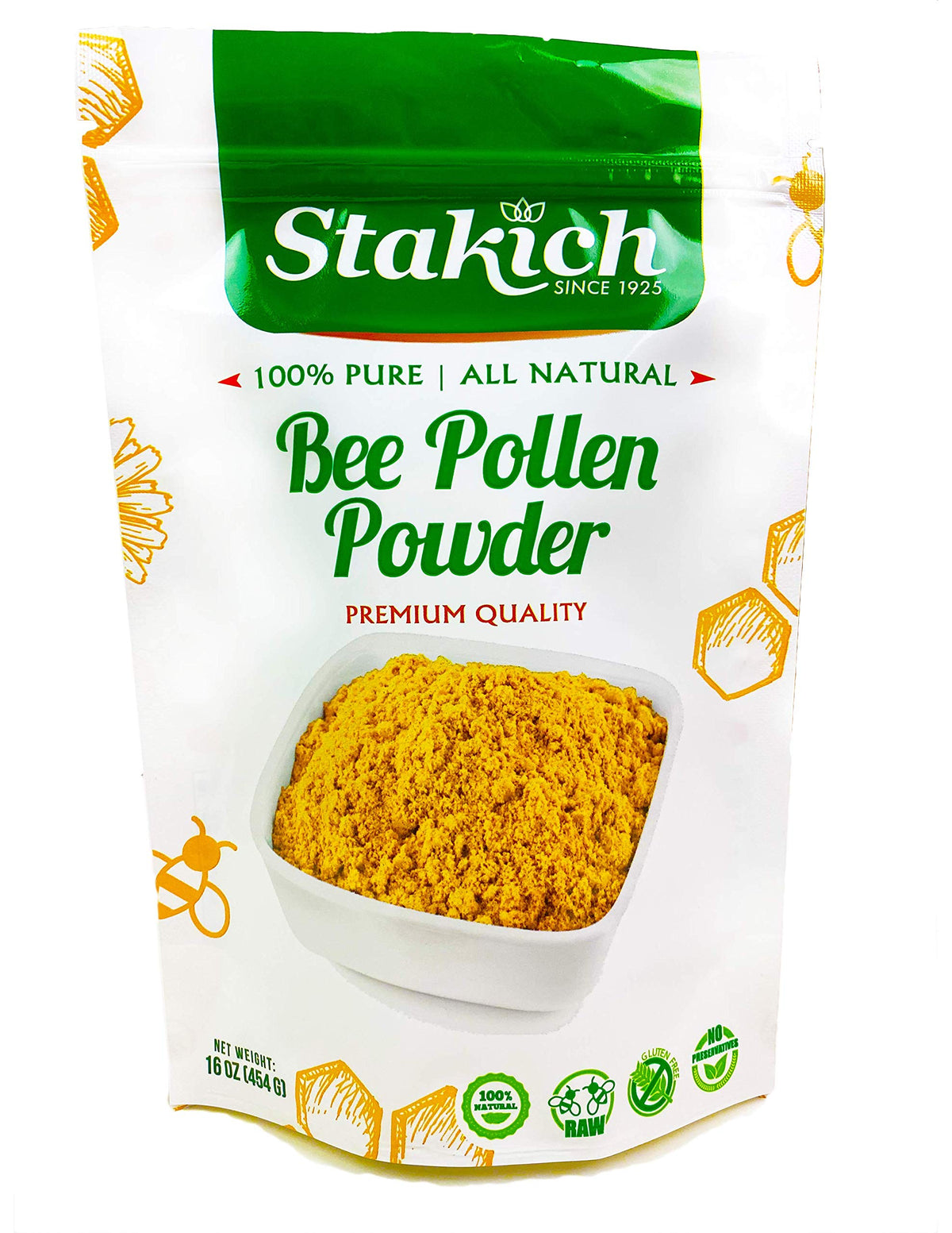 Stakich Bee Pollen Powder jar closeup showing pure, natural powder for daily use.