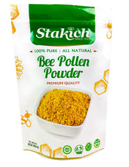Stakich Bee Pollen Powder jar closeup showing pure, natural powder for daily use.