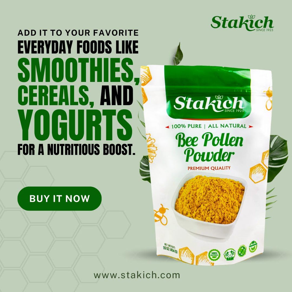 Stakich Bee Pollen Powder packaging label highlights 100% natural ingredients.