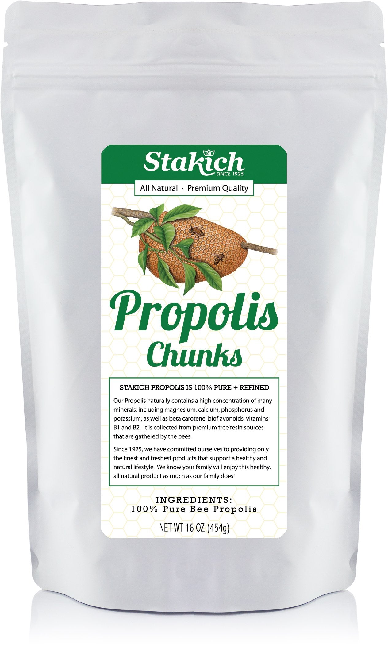 Stakich Bee Propolis chunks 1lb pack, ready for easy consumption and daily routines.