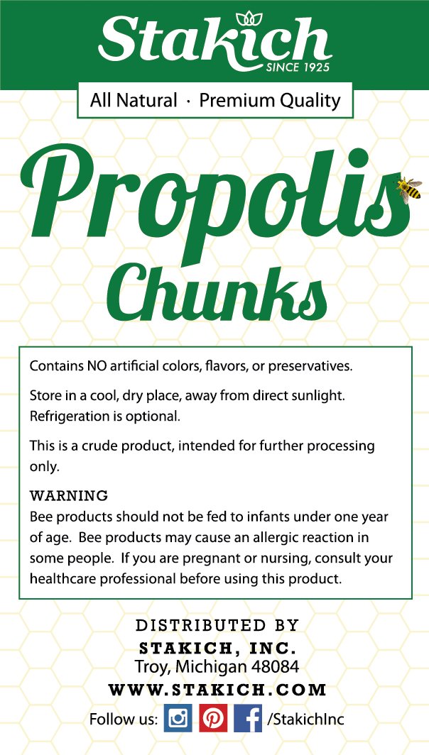 Stakich Bee Propolis chunks with scoop demonstrating convenient, easy-to-use daily supplement.
