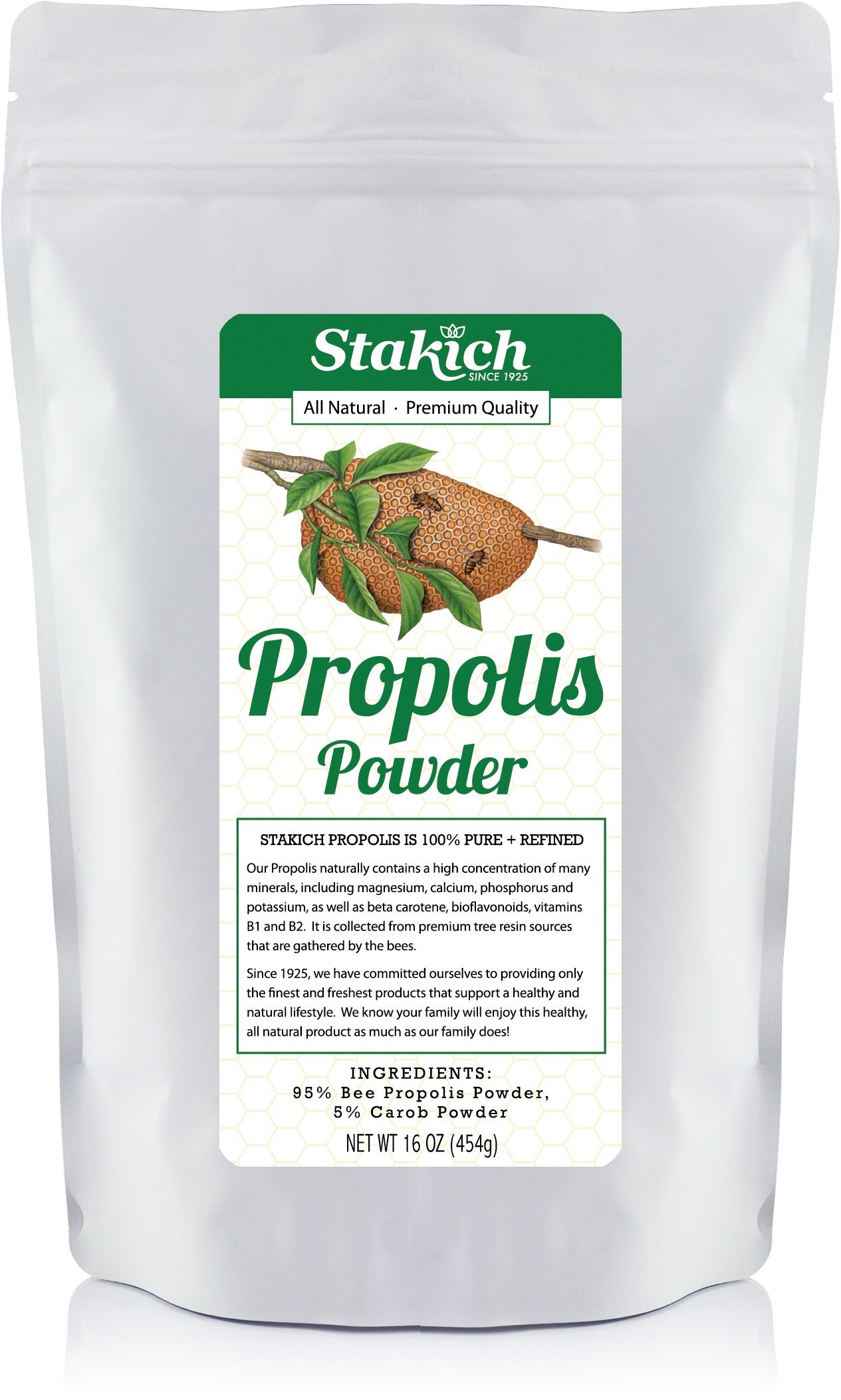 Stakich Bee Propolis powder bottle pouring, convenient daily use
