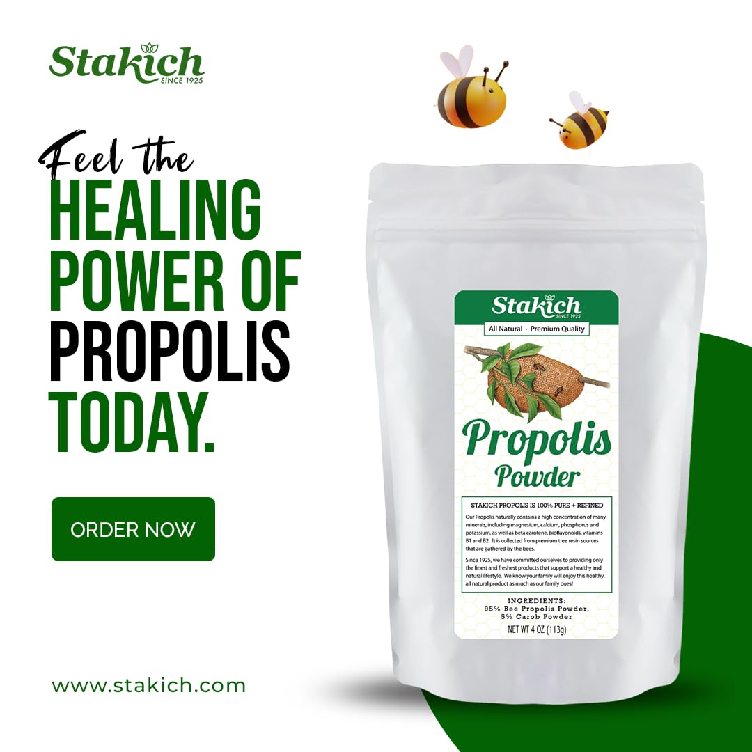 Stakich Bee Propolis powder jar close-up highlighting natural blend