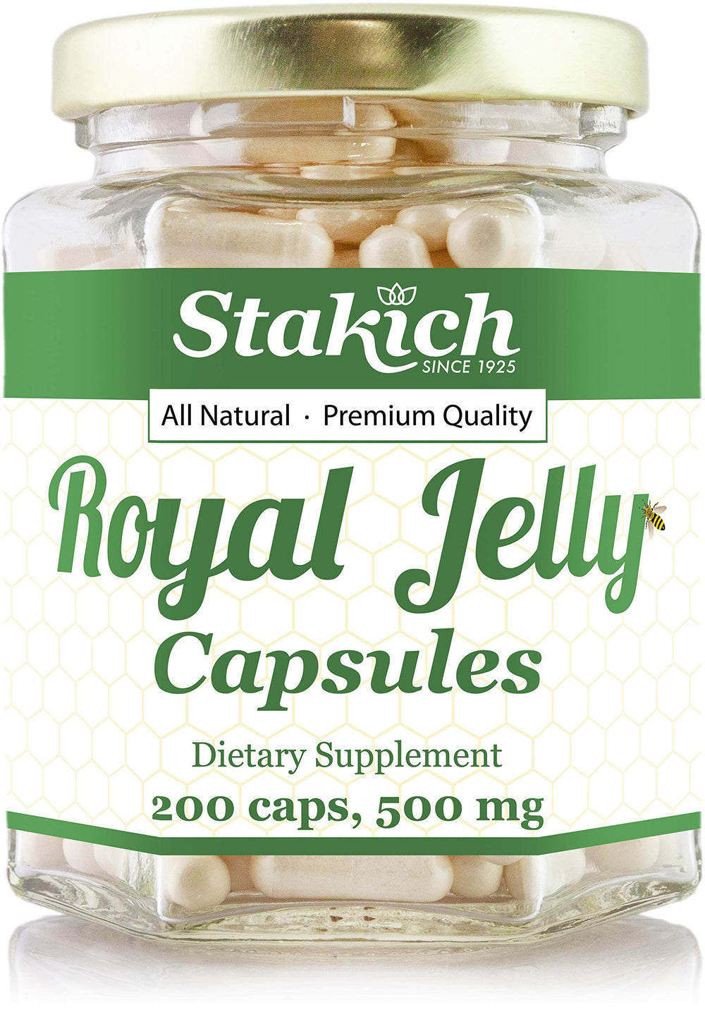 Stakich Royal Jelly 500 mg bottle—daily wellness capsules.