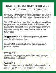 Stakich Royal Jelly bottle with capsules and a spoon—easy daily routine.