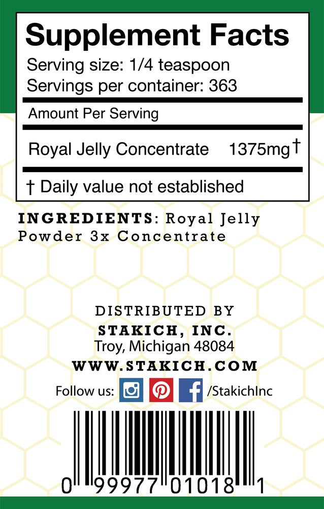 Stakich Royal Jelly Powder pour — convenient 1 lb jar for smoothies.