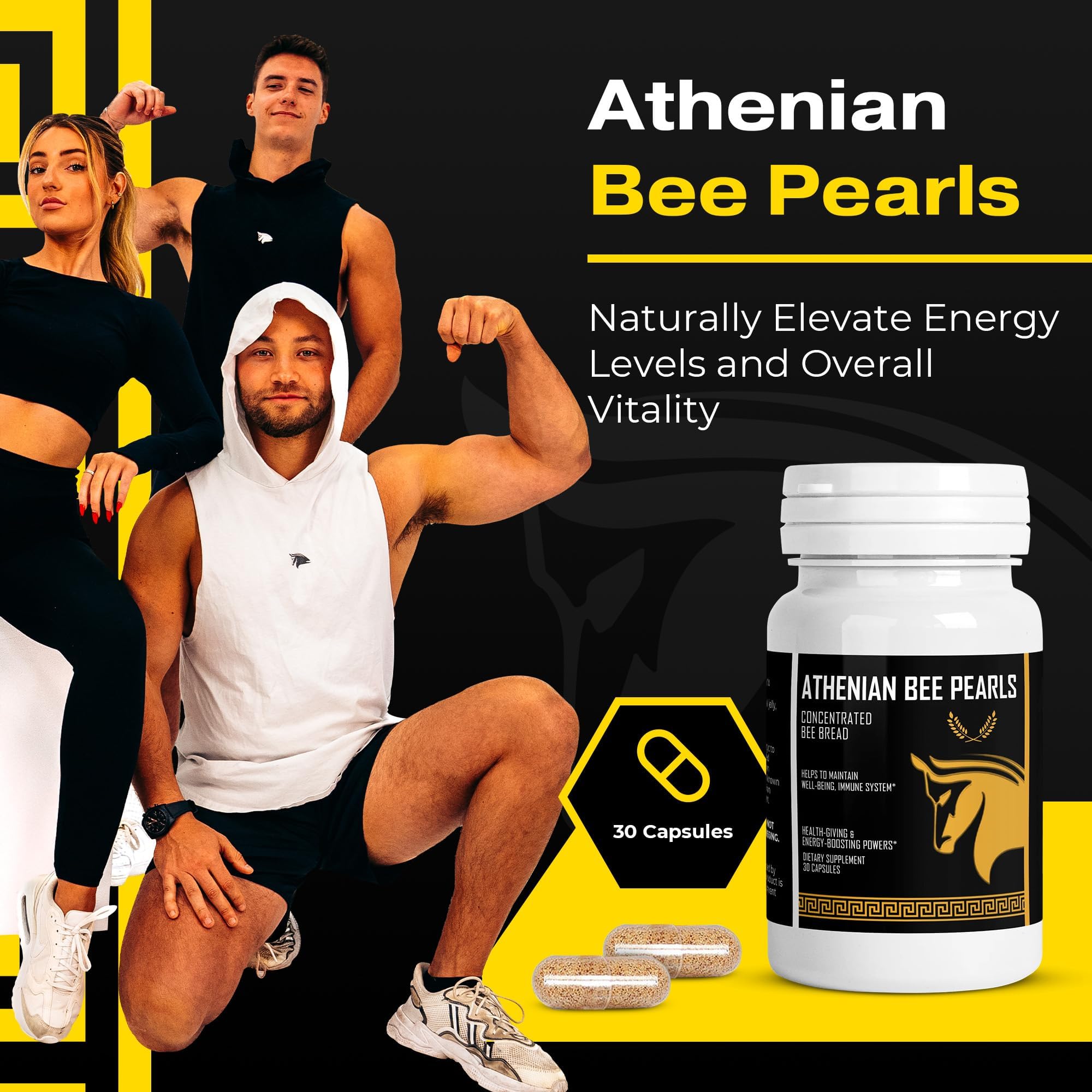 Stampede Network Bee Pollen Pearls bottle closeup shows capsules for easy daily dosing.