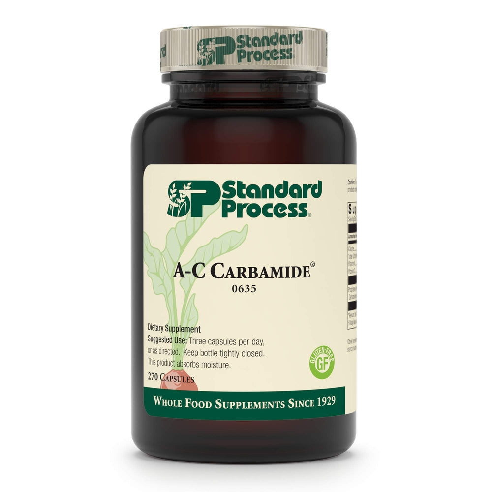 Standard Process A-C Carbamide bottle front shows gluten-free, dairy-free, soy-free profile.