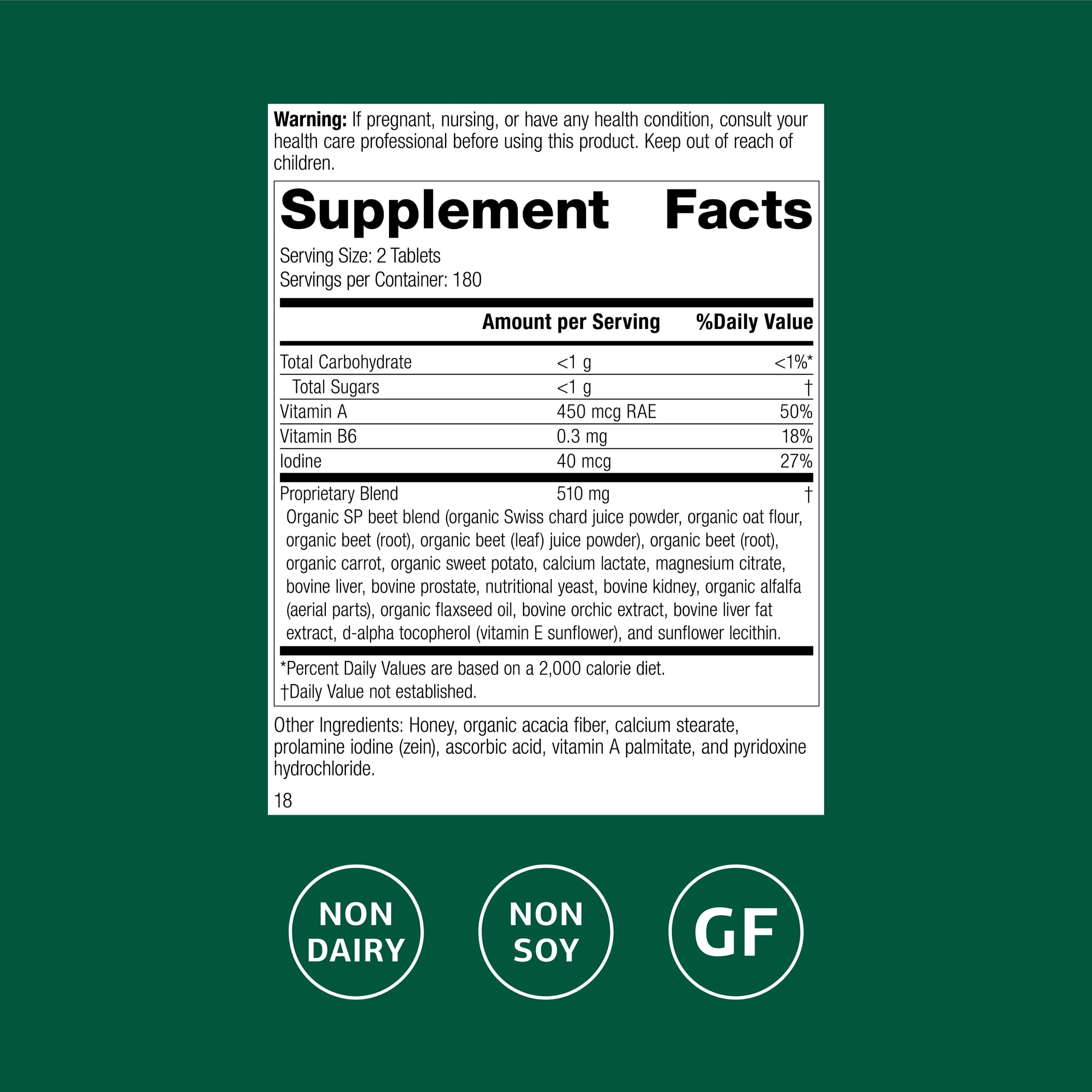 Standard Process Betafood bottle label showing gluten free dairy free and soy free