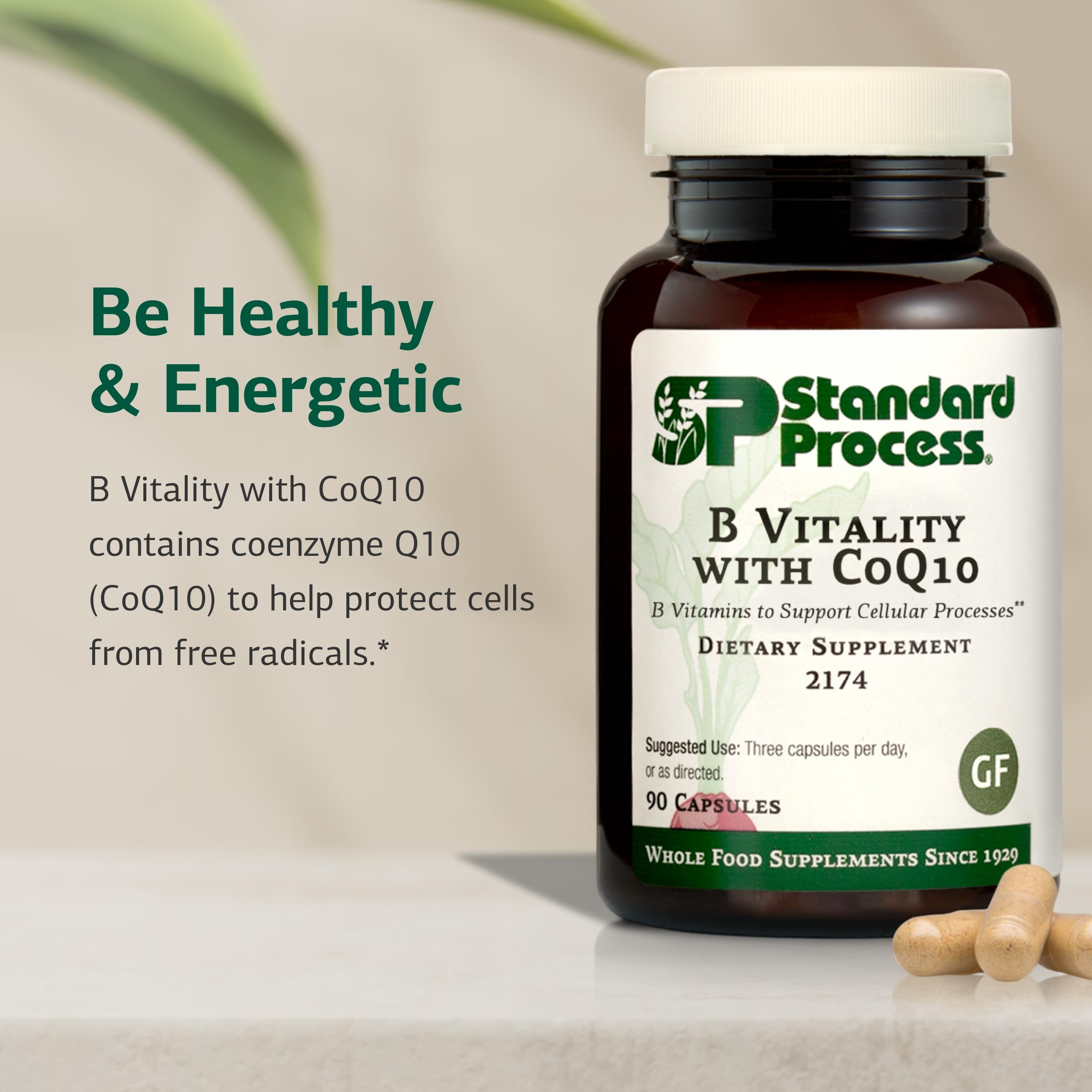 CoQ10 bottle pour shot with Standard Process B Vitality suggests convenient daily supplementation.