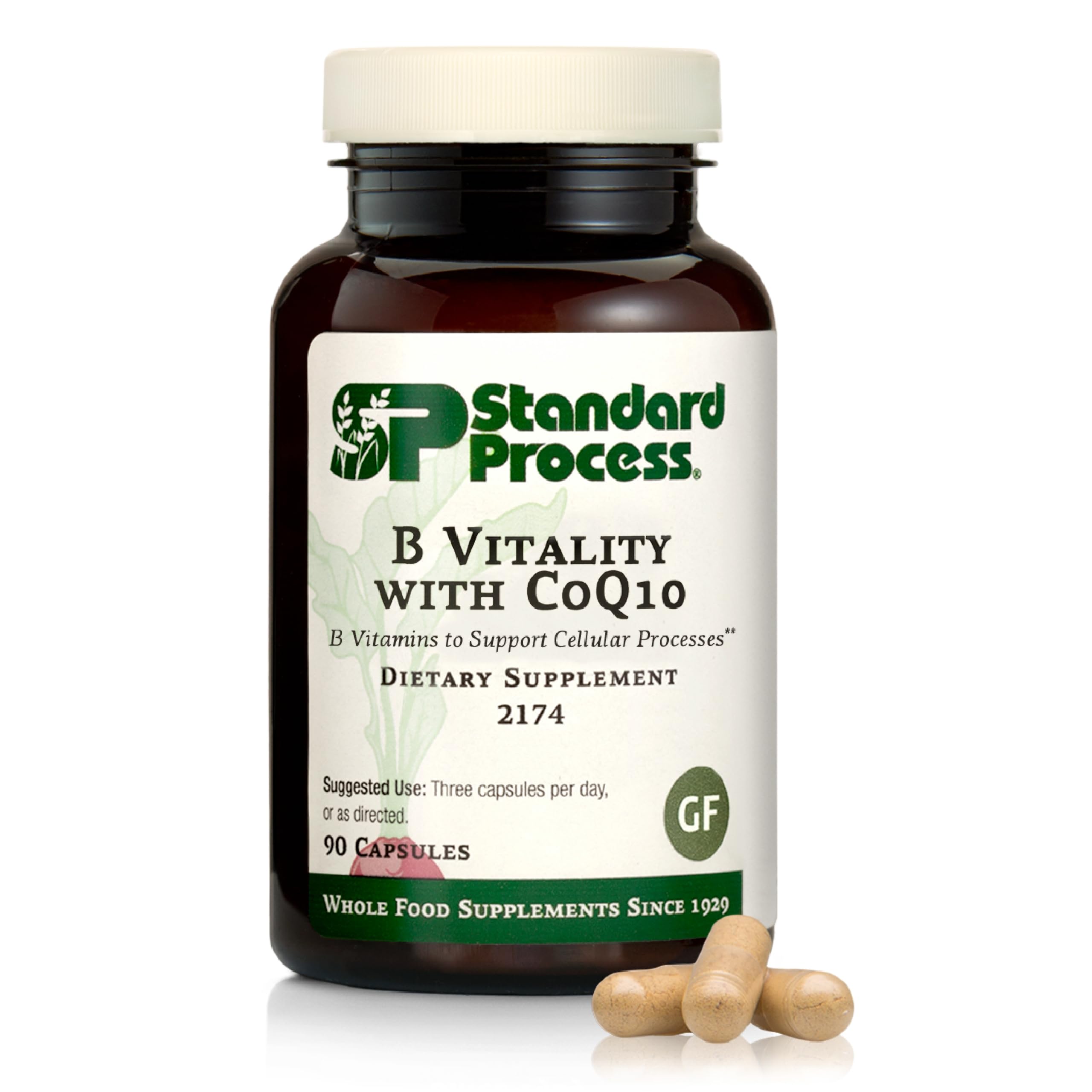 Standard Process B Vitality bottle with CoQ10 capsules supports cellular health.