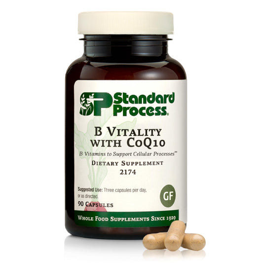 Standard Process B Vitality bottle with CoQ10 capsules supports cellular health.