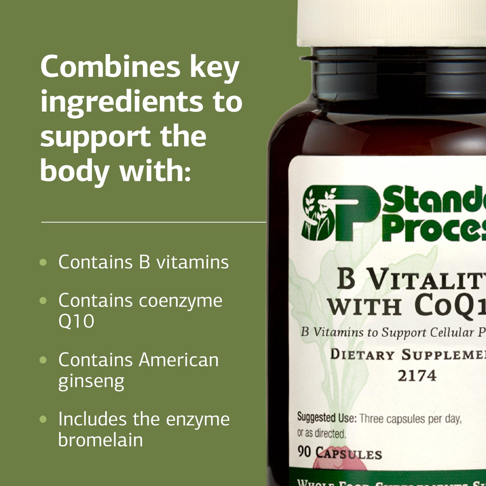 Closeup of Standard Process B Vitality label communicates vegan, gluten-free, non-dairy choices.