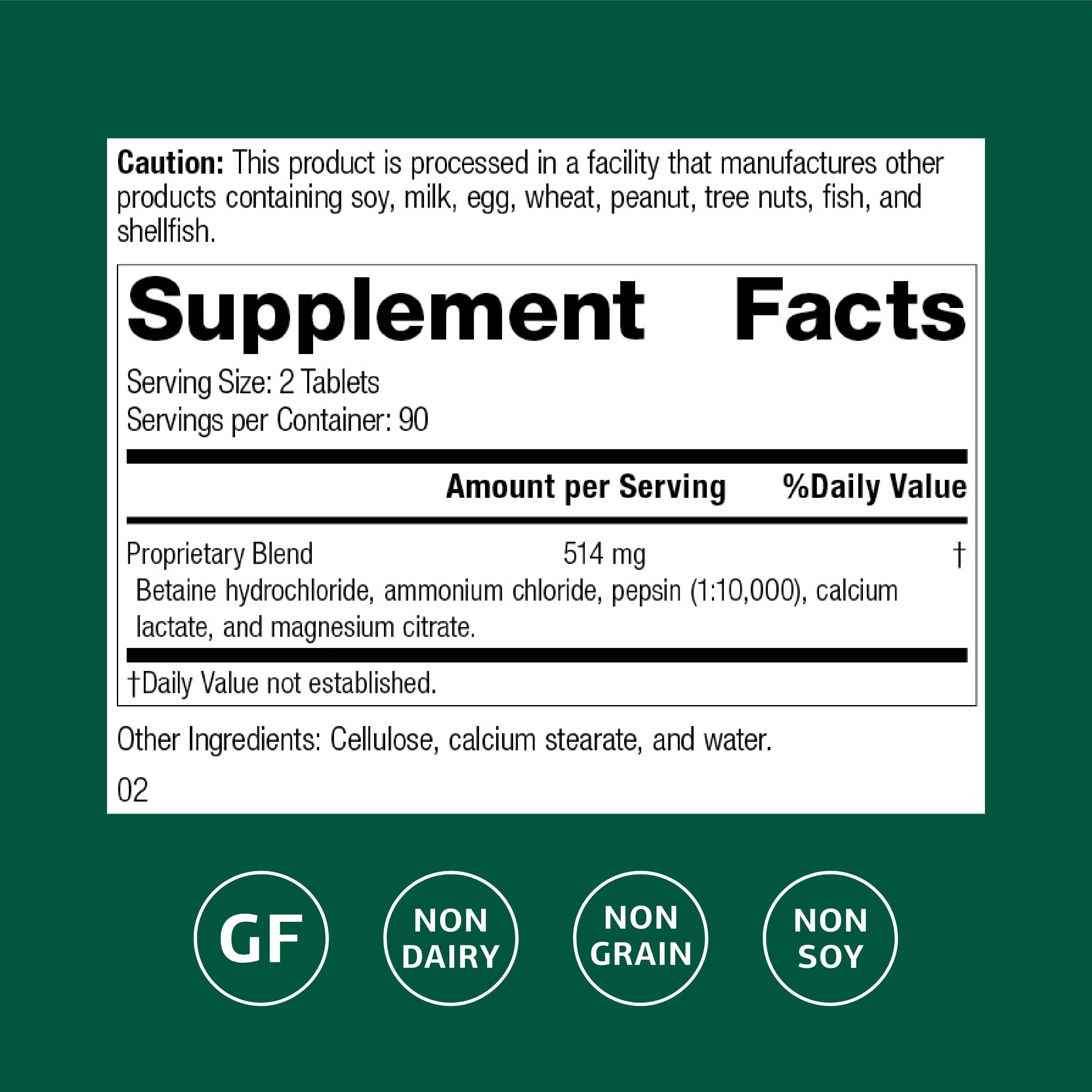 Standard Process Betaine HCl bottle back lists ingredients and directions for digestion support.