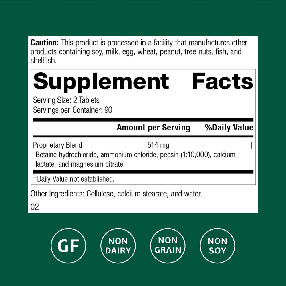 Standard Process Betaine HCl bottle back lists ingredients and directions for digestion support.