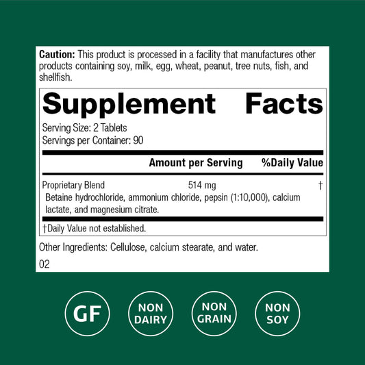 Standard Process Betaine HCl bottle back lists ingredients and directions for digestion support.