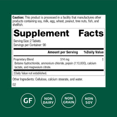 Standard Process Betaine HCl bottle back lists ingredients and directions for digestion support.