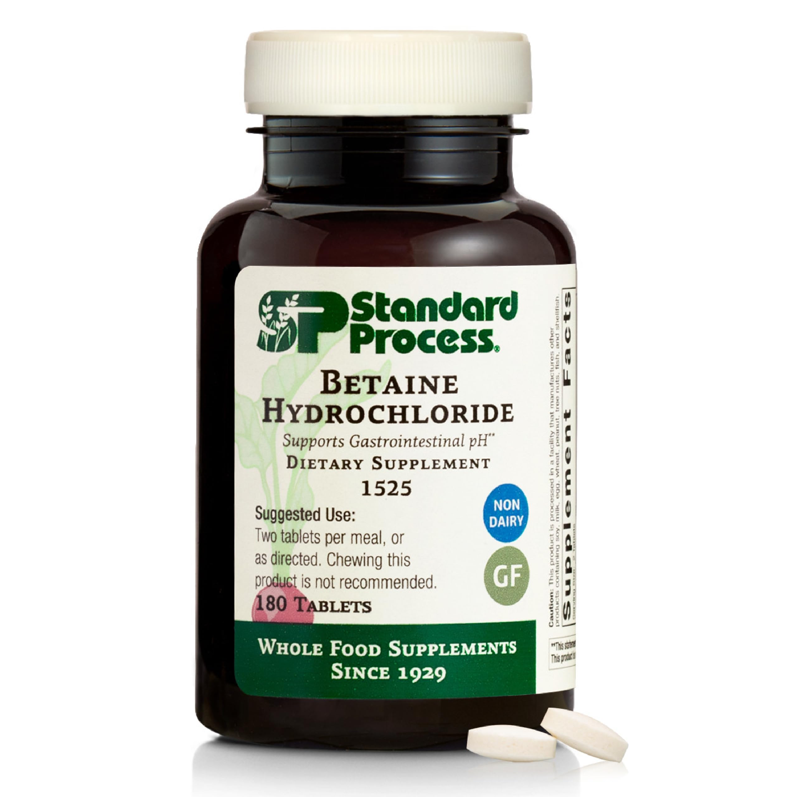 Standard Process Betaine HCl bottle front shows the label for quick digestive pH reference.