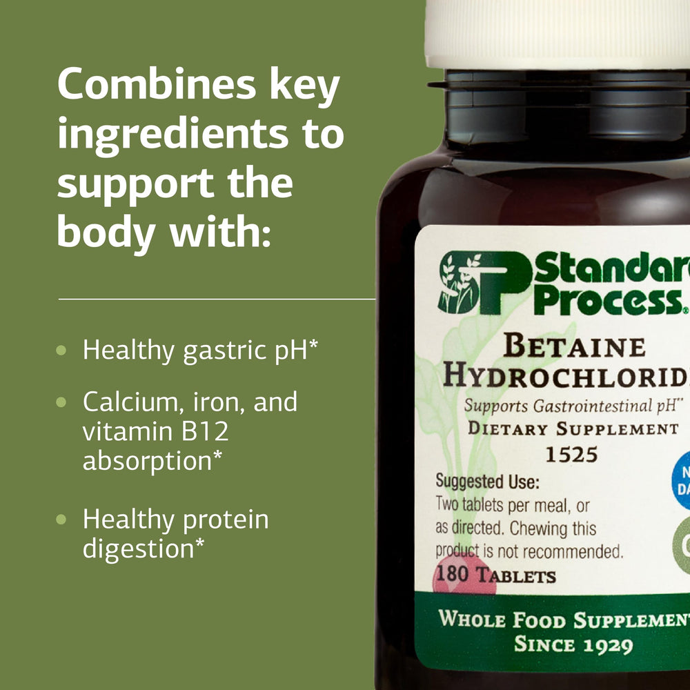 Standard Process Betaine HCl ingredients label highlights bottle acid source for stomach pH.