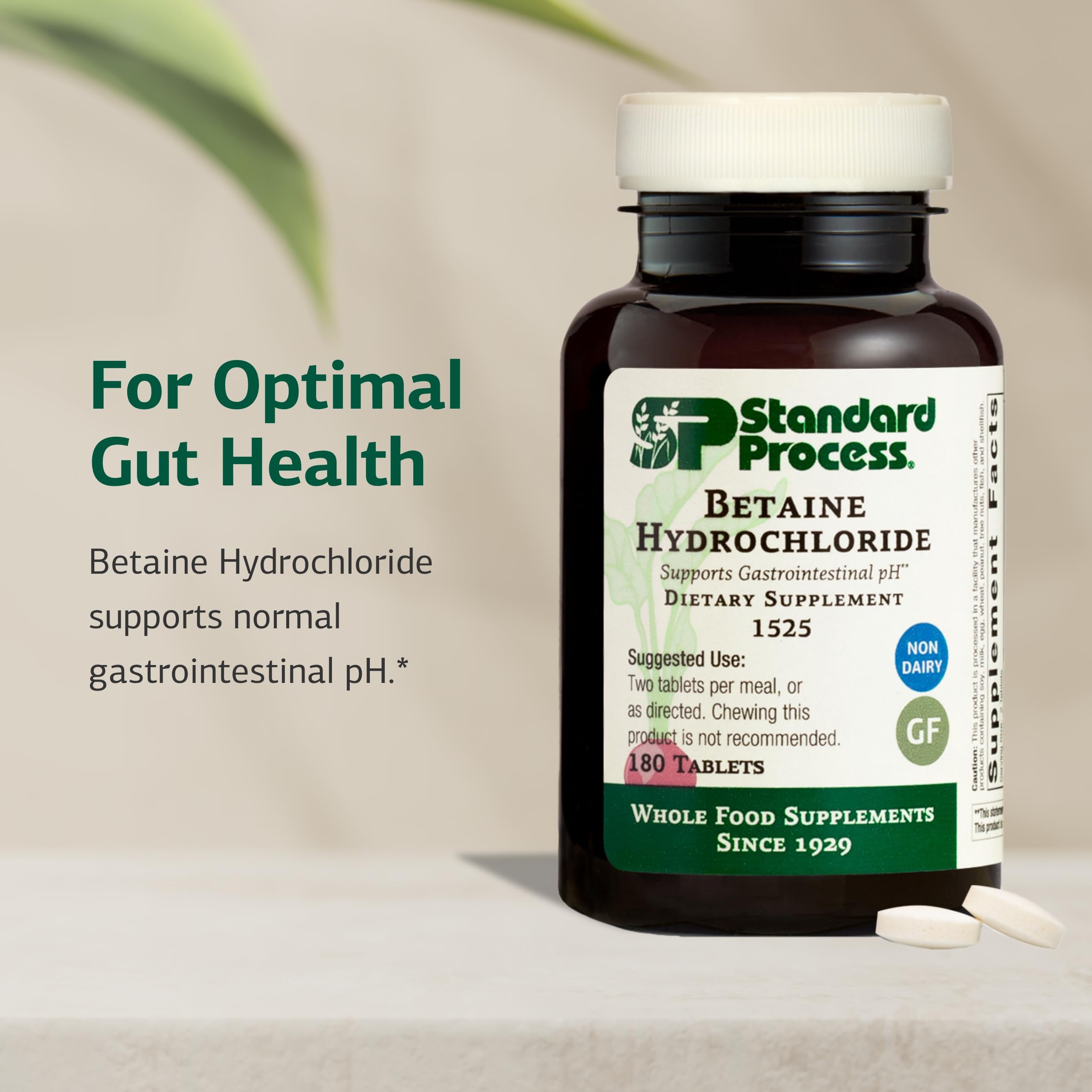 Standard Process Betaine HCl tablets 180-count support a simple daily digestive routine.