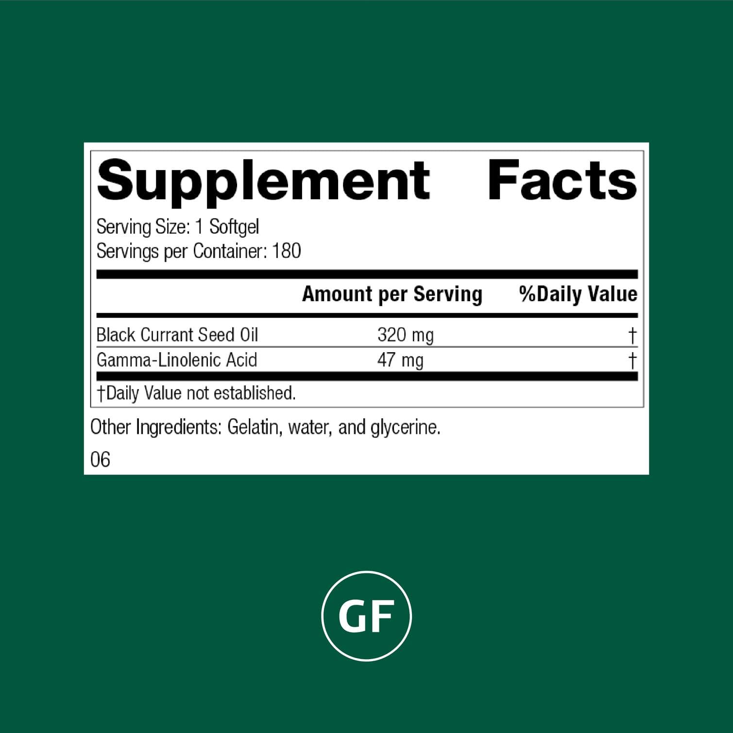 Close-up of Standard Process black currant seed oil softgels for immune support.