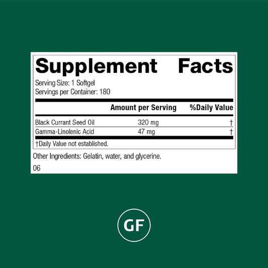 Close-up of Standard Process black currant seed oil softgels for immune support.