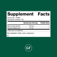 Close-up of Standard Process black currant seed oil softgels for immune support.