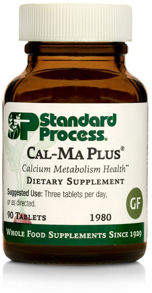 Standard Process Cal-Ma Plus bottle front highlighting calcium support for bones and nerves