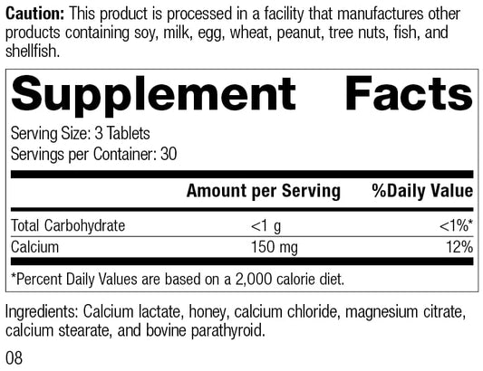 Cal-Ma Plus tablets close-up, featuring calcium lactate and bovine parathyroid ingredients