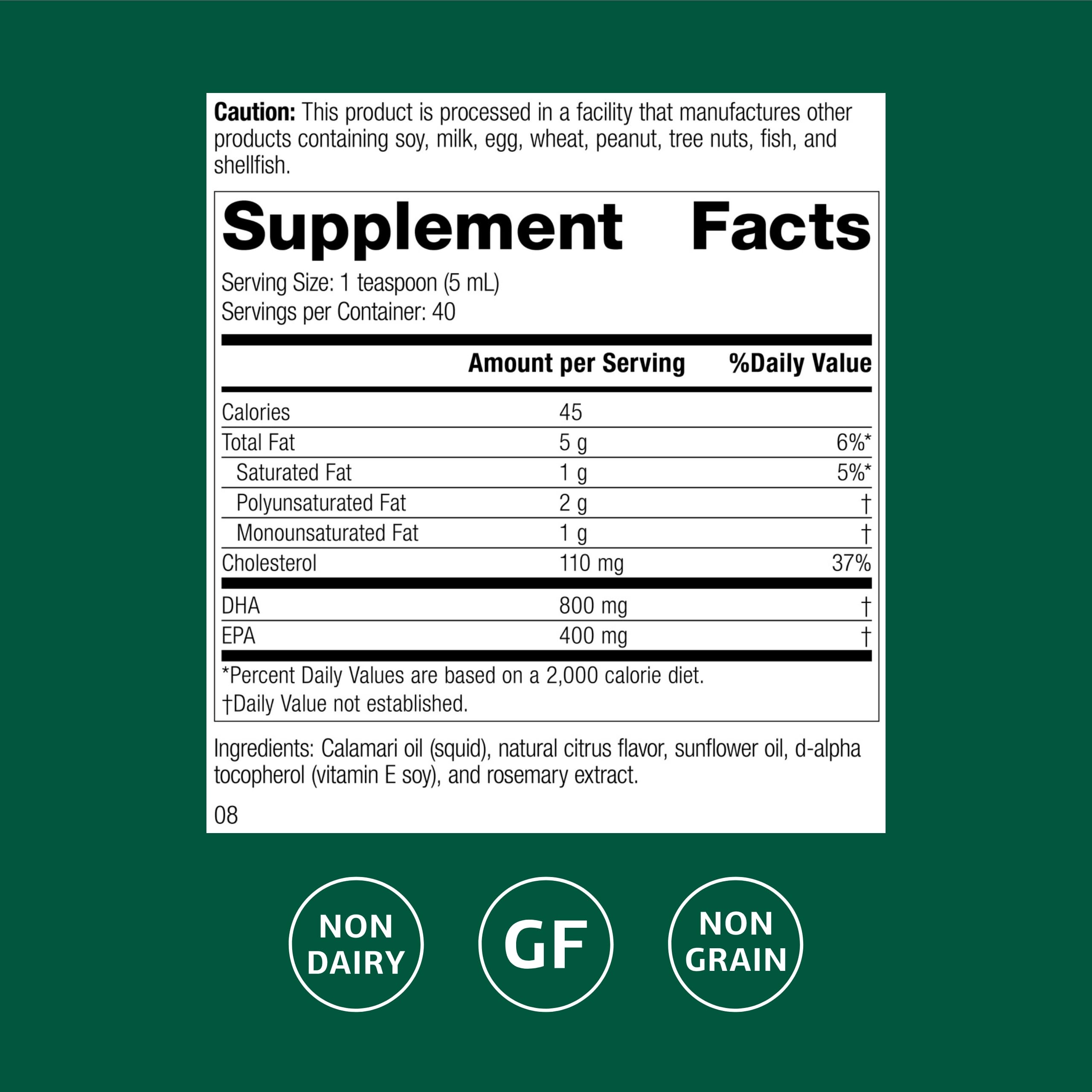 Standard Process Calamari Omega-3 Liquid label closeup with gluten-free and non-dairy notes
