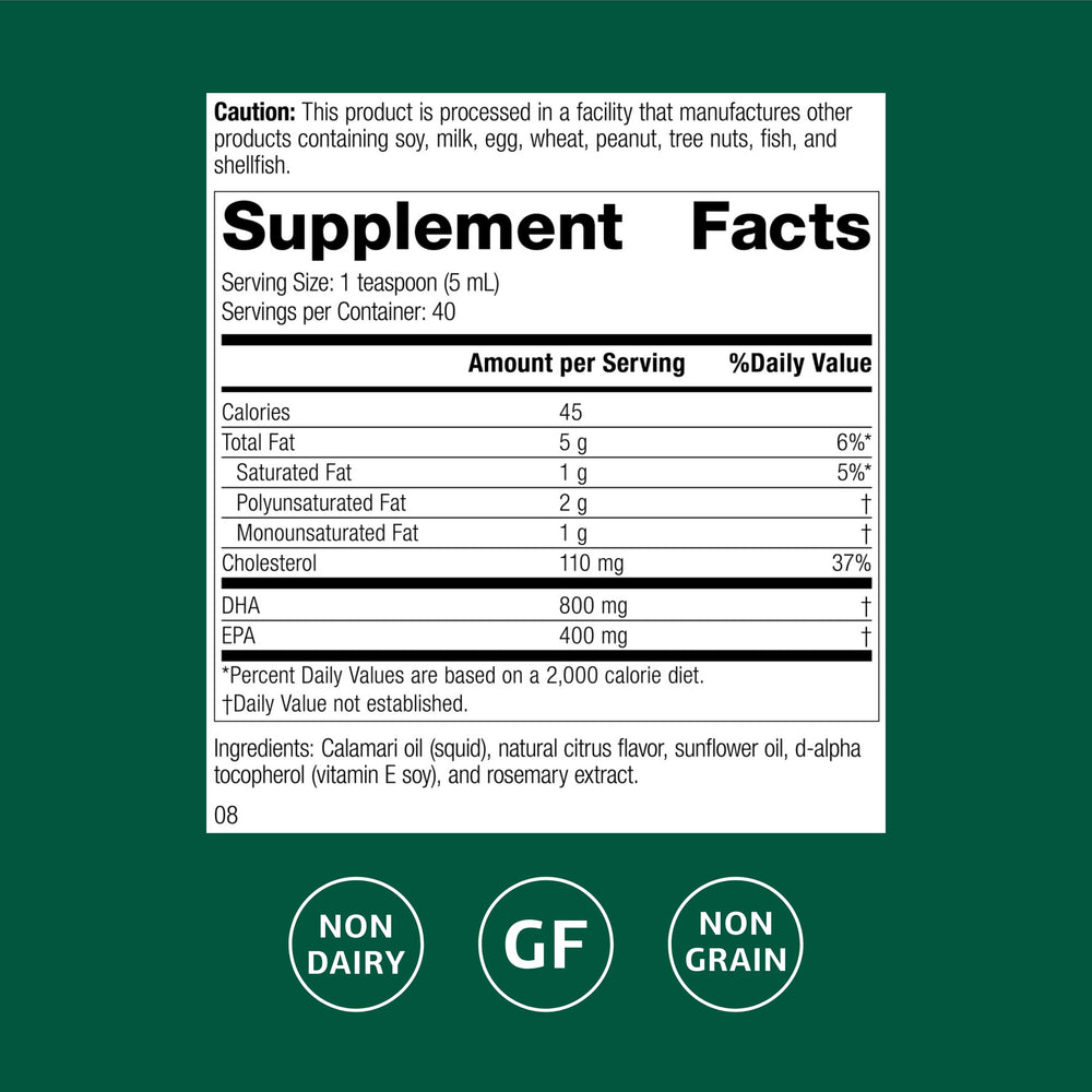 Standard Process Calamari Omega-3 Liquid label closeup with gluten-free and non-dairy notes