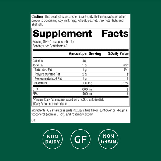 Standard Process Calamari Omega-3 Liquid label closeup with gluten-free and non-dairy notes