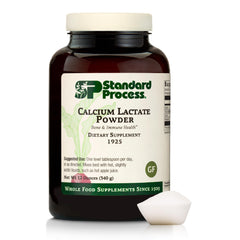 Standard Process Calcium Lactate Powder bottle shows non-dairy calcium delivery for bone support.