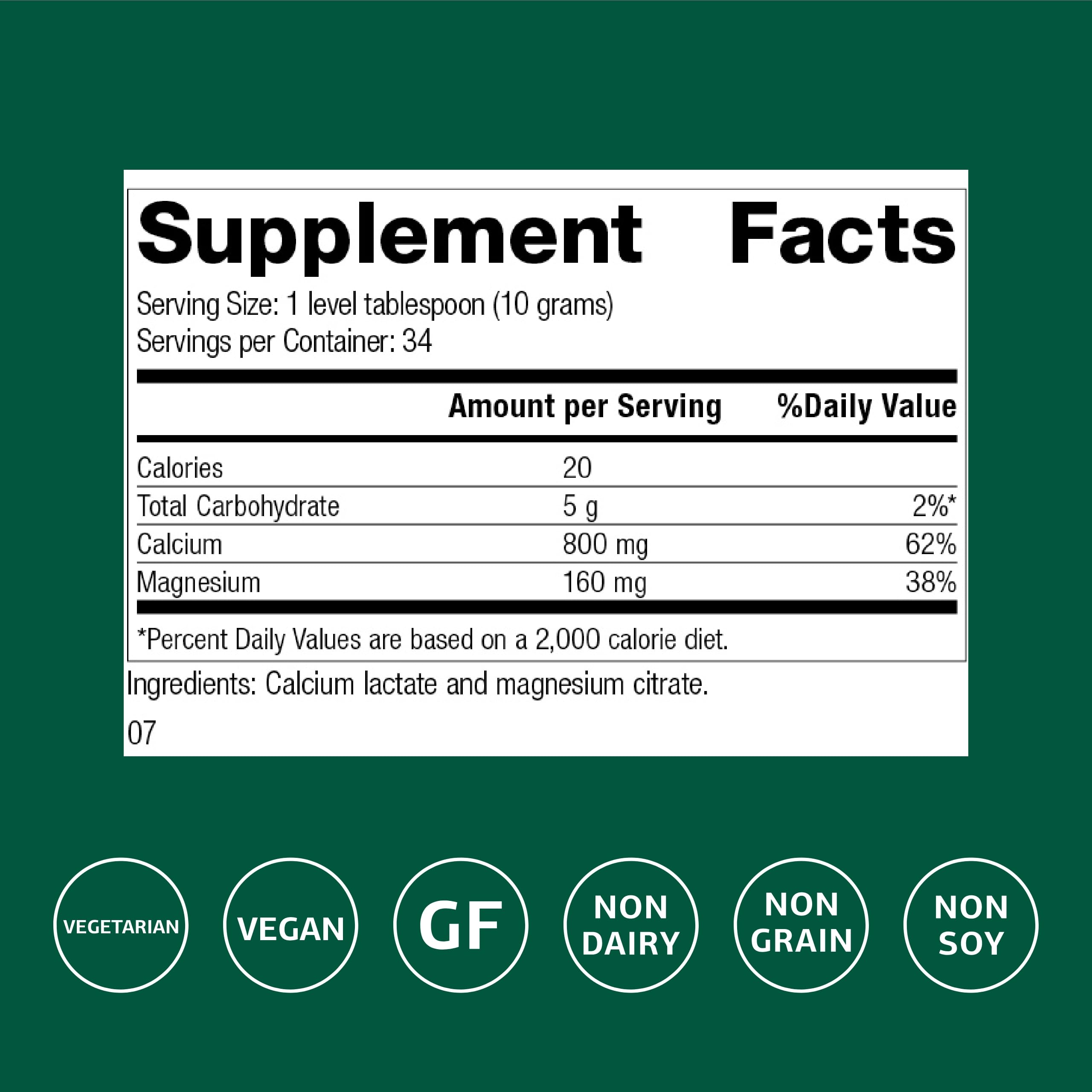 Standard Process Calcium Lactate Powder label displays nutrition details for reliable daily supplementation.