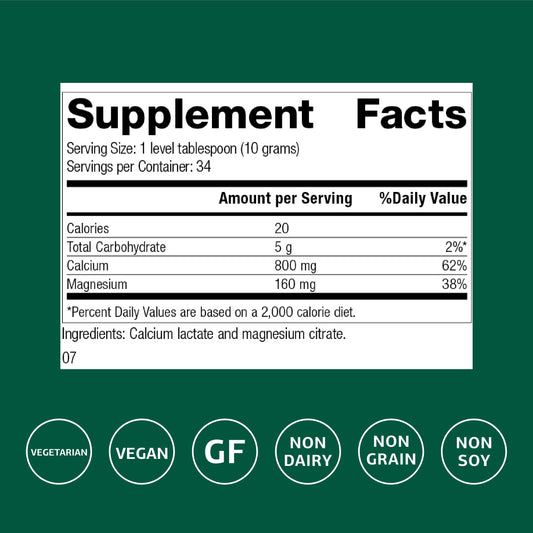 Standard Process Calcium Lactate Powder label displays nutrition details for reliable daily supplementation.