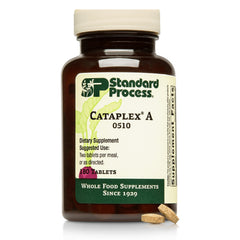 Standard Process Cataplex A bottle label highlights vitamin A for eye health.
