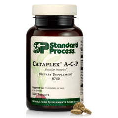 Standard Process Cataplex A-C-P bottle with label highlights immune support and cellular health.