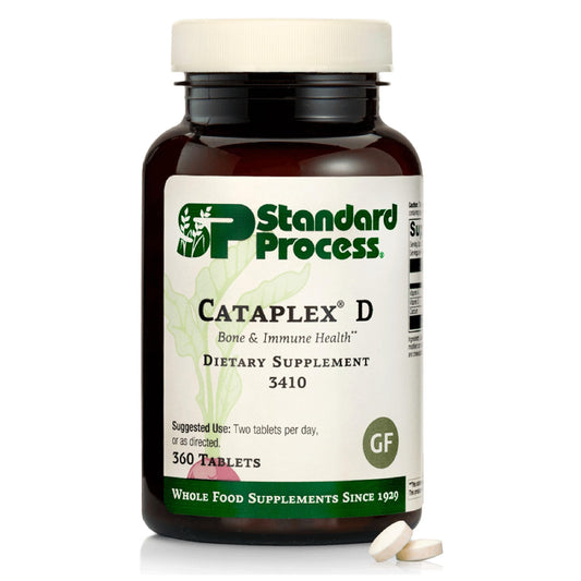 Standard Process Cataplex D bottle front showing 360 tablets with label highlighting immune support