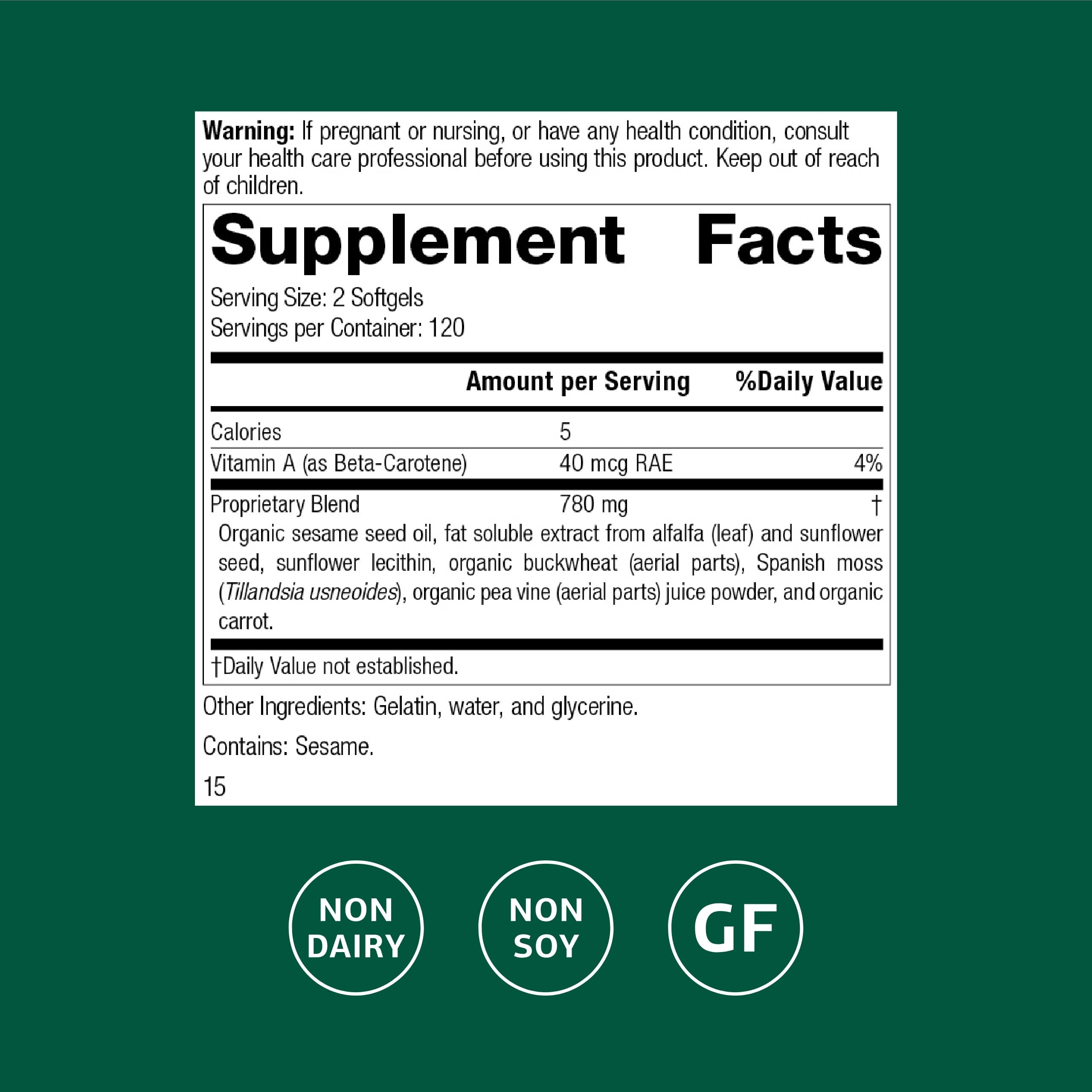 Standard Process Chlorophyll Complex bottle back with supplement facts and gluten-free note.