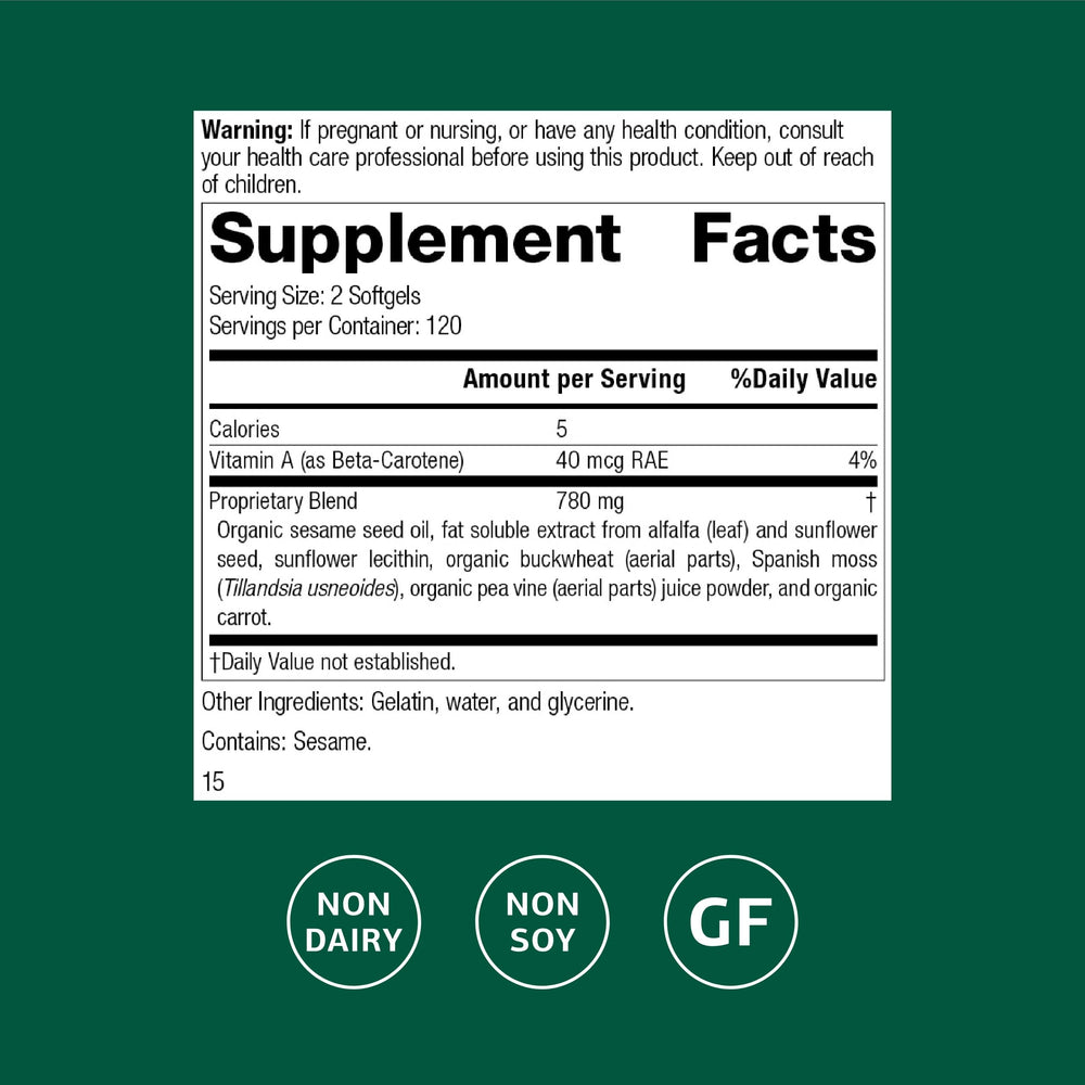 Standard Process Chlorophyll Complex bottle back with supplement facts and gluten-free note.