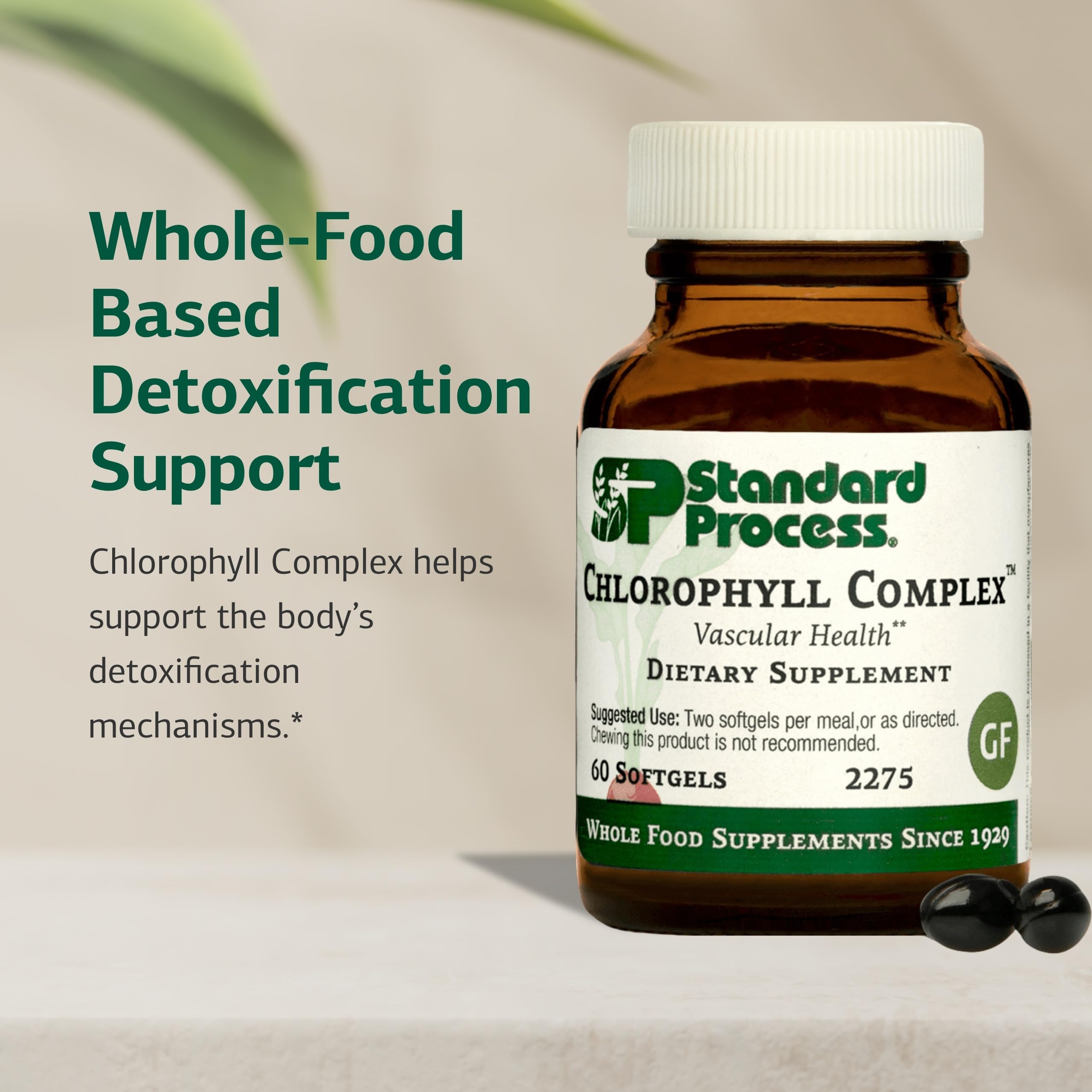 Standard Process Chlorophyll Complex ingredients highlight whole-food vitamin care for skin and immunity.