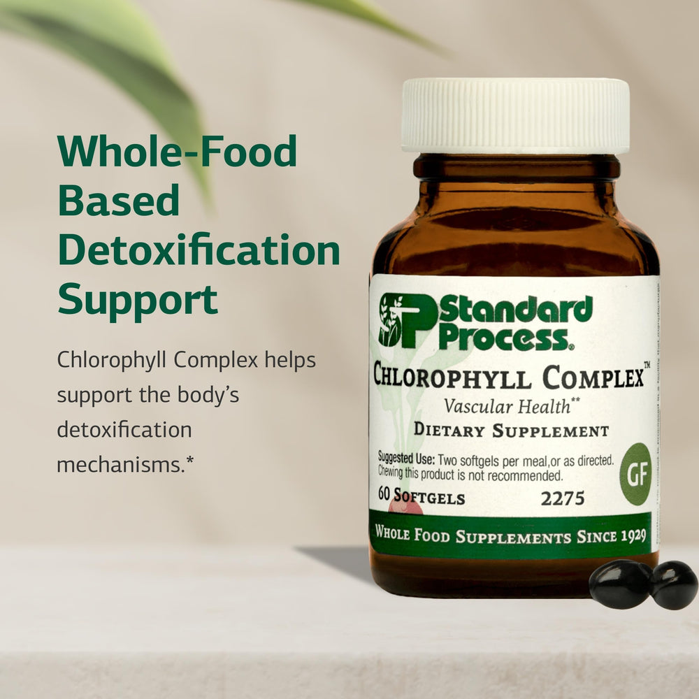 Standard Process Chlorophyll Complex ingredients highlight whole-food vitamin care for skin and immunity.