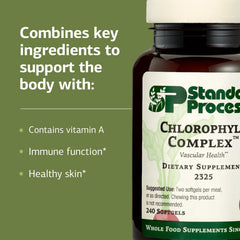 Standard Process Chlorophyll Complex label closeup highlights ingredients and nutrition details.