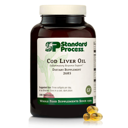 Standard Process Cod Liver Oil bottle front view highlighting omega-3 for skin and eyes.